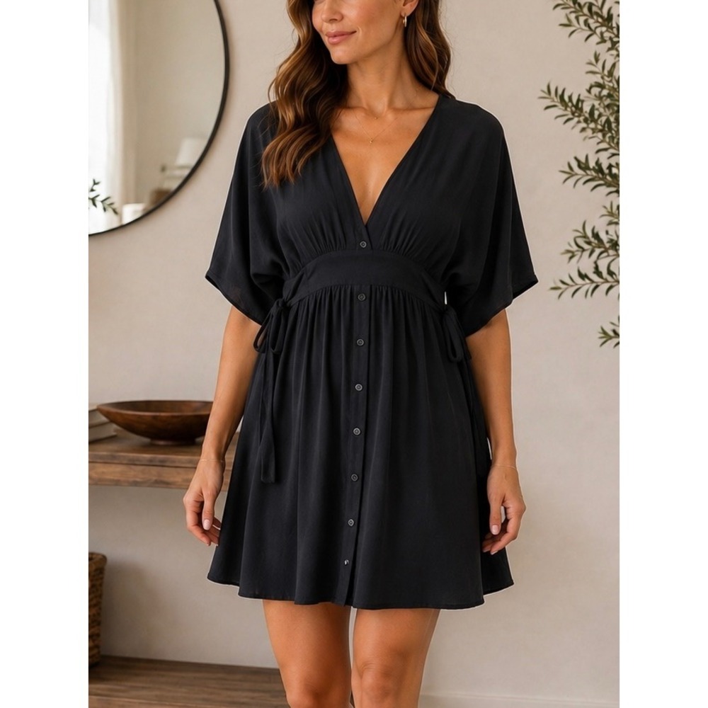 Big Water blue Sky Black Button Front V Neck Dolman Sleeve Tie Waist Dress Large